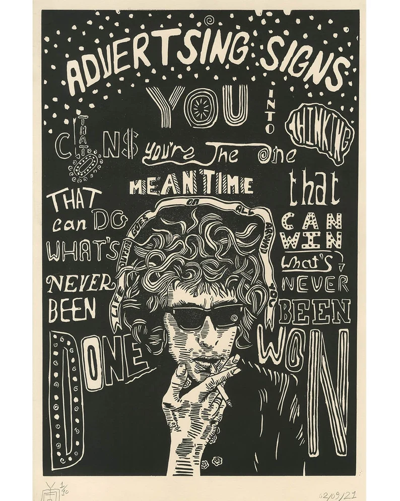 lino print available at https://www.etsy.com/listing/1118851265/bob-dylan-its-alright-ma-im-only